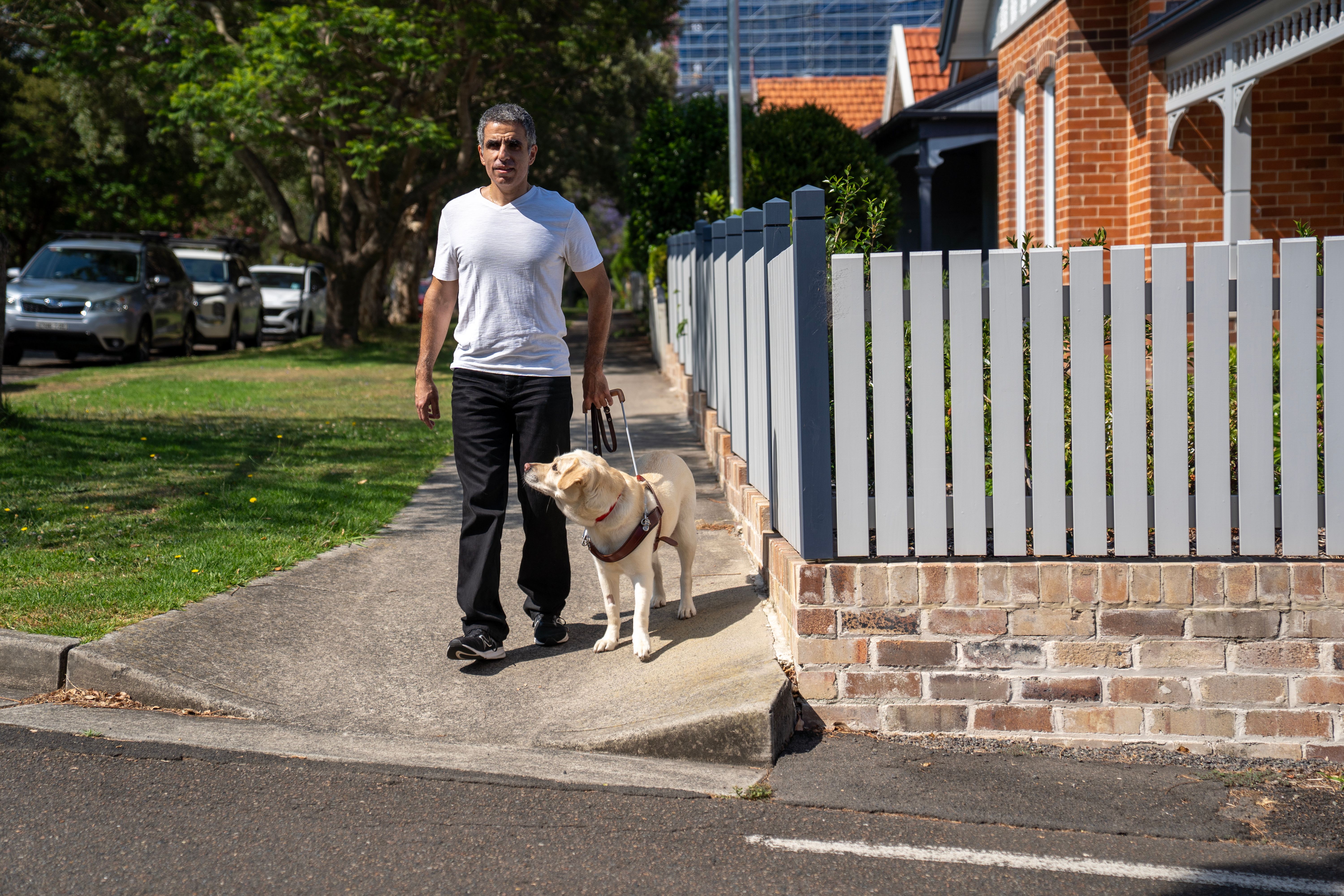 A person standing at a kerb with their yellow Guide Dog.