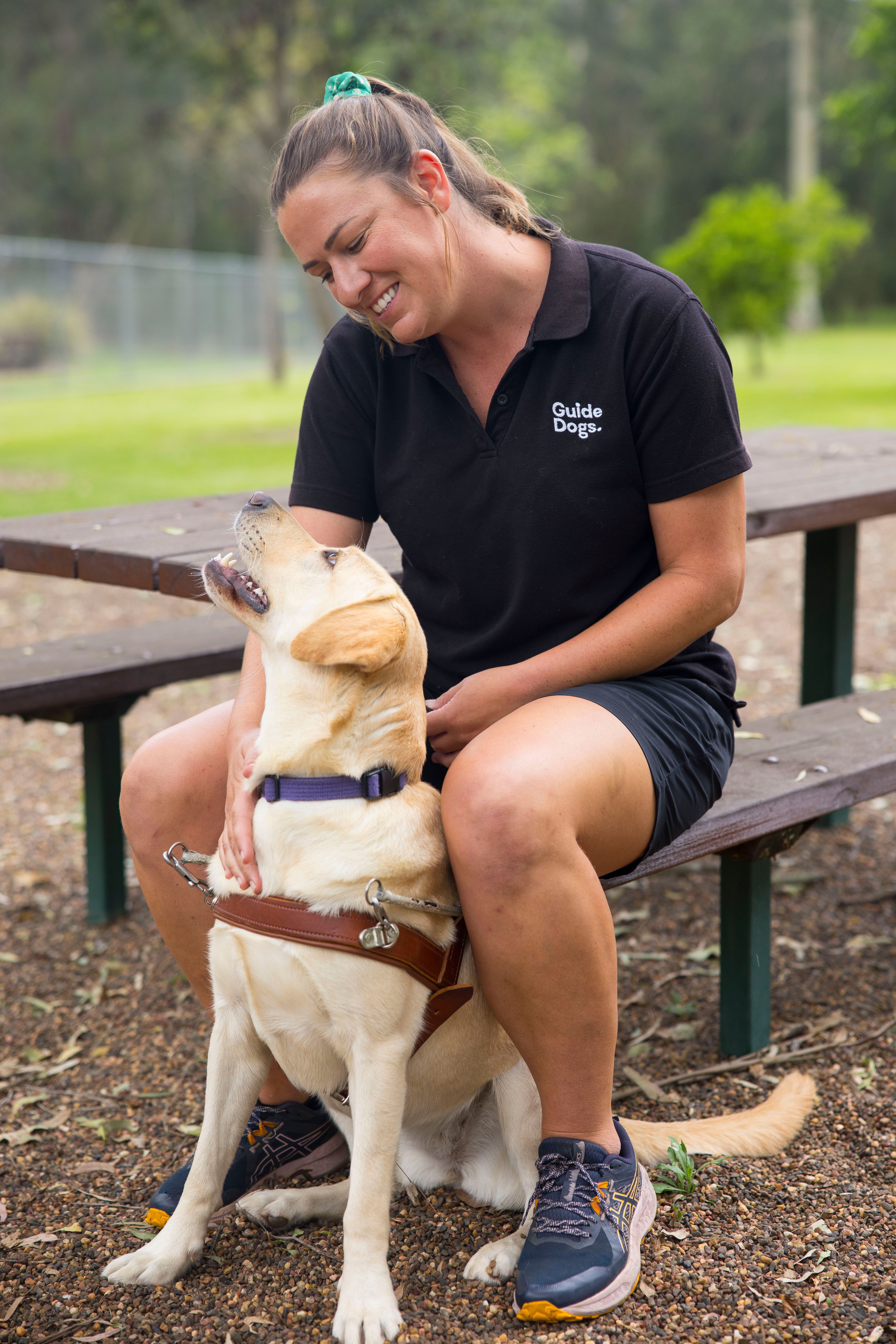 A Guide Dog Trainer sitting with a yellow Labrador in harness.