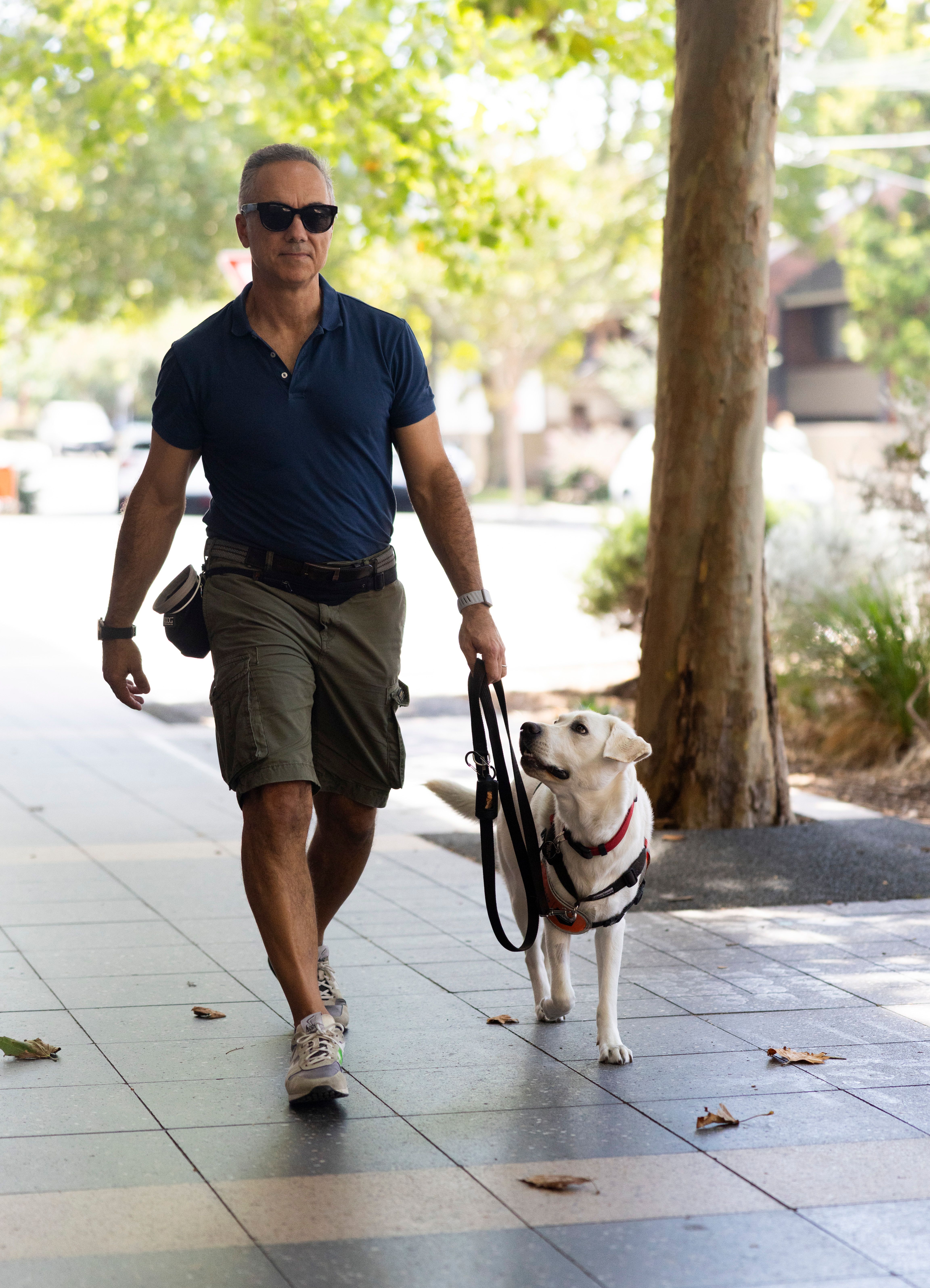 A Puppy Raiser walking with a yellow Labrador puppy.