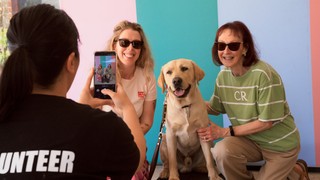 Two people posing for a photo with yellow Labrador Clifford.