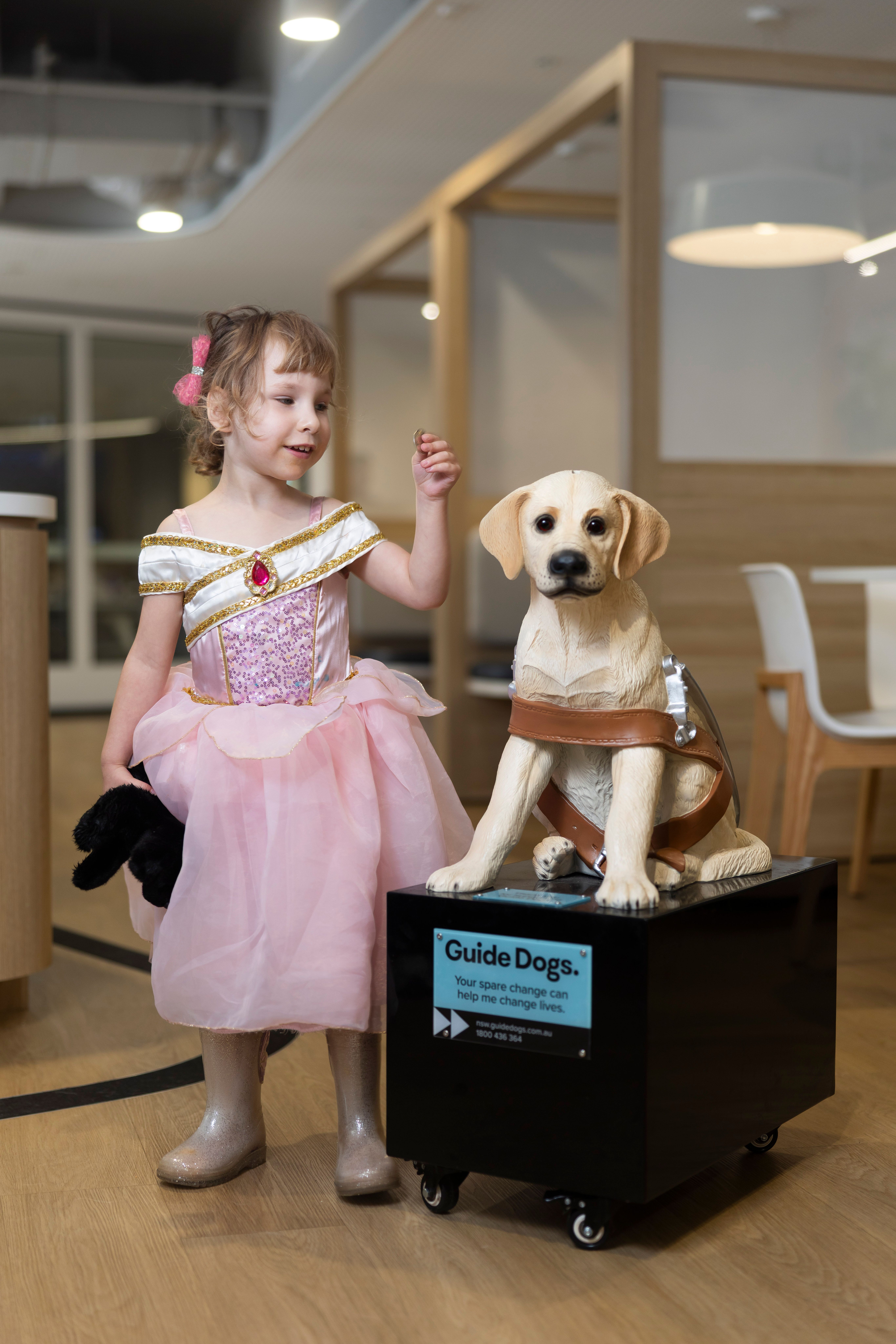 A girl placing a coin in a donation dog. 