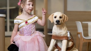 A girl placing a coin in a donation dog.