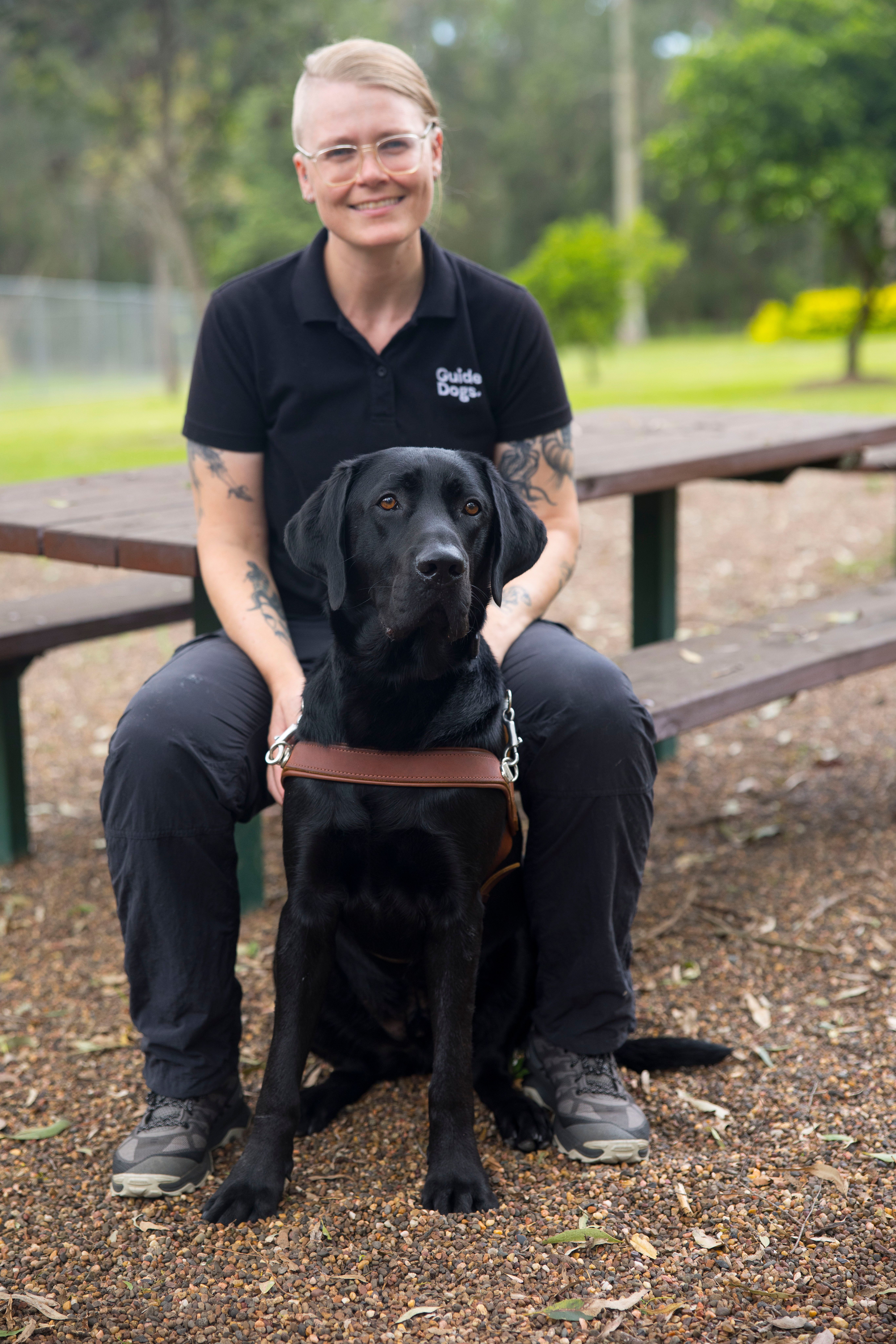 A Trainer sitting with a black Labrador in harness.