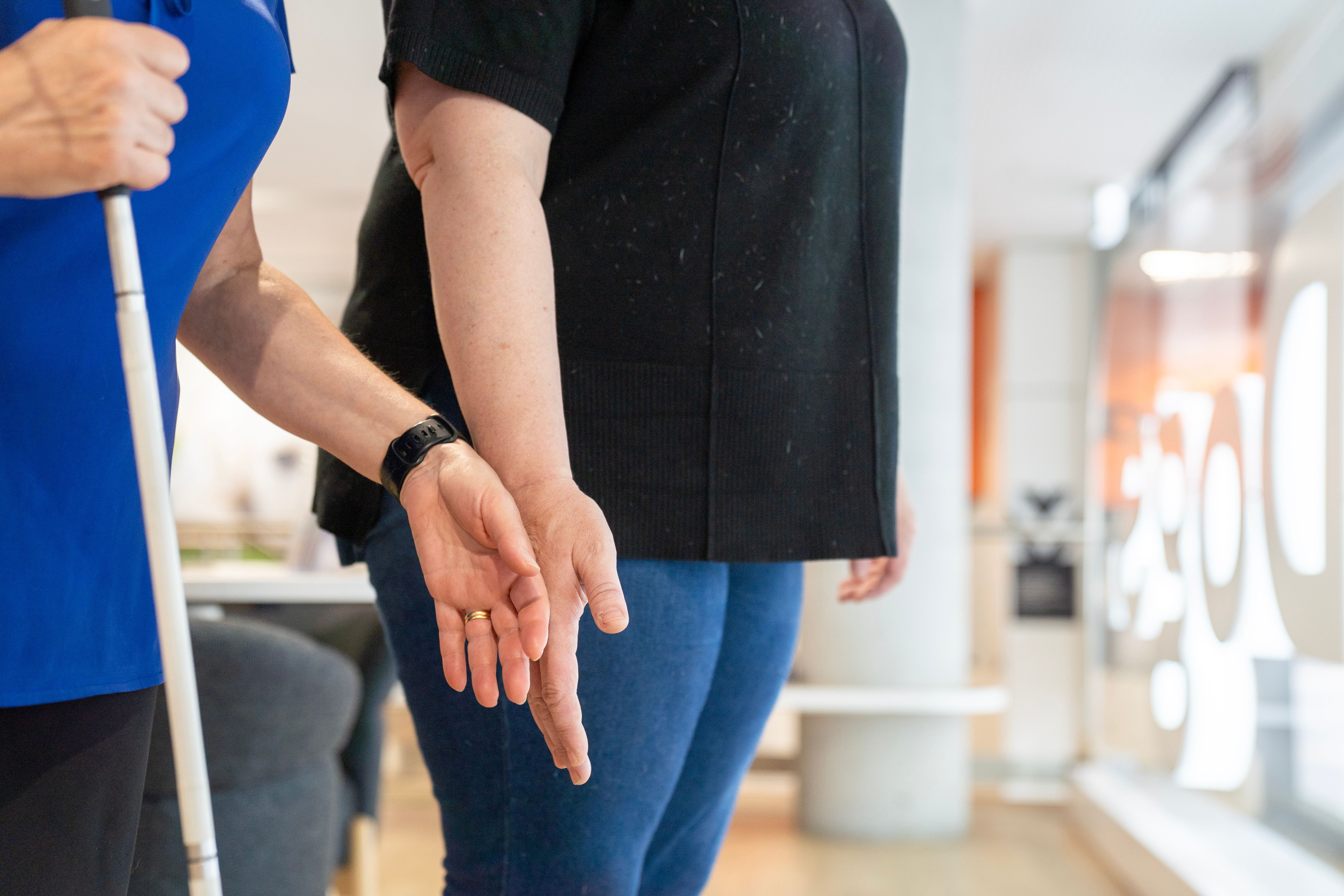 A person practicing a guiding technique. 