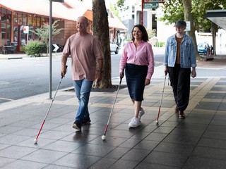 Three people walking with their canes.