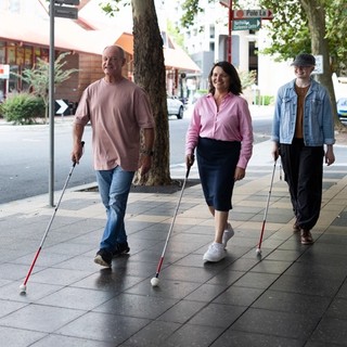 Three Guide Dog Clients walking with their canes.