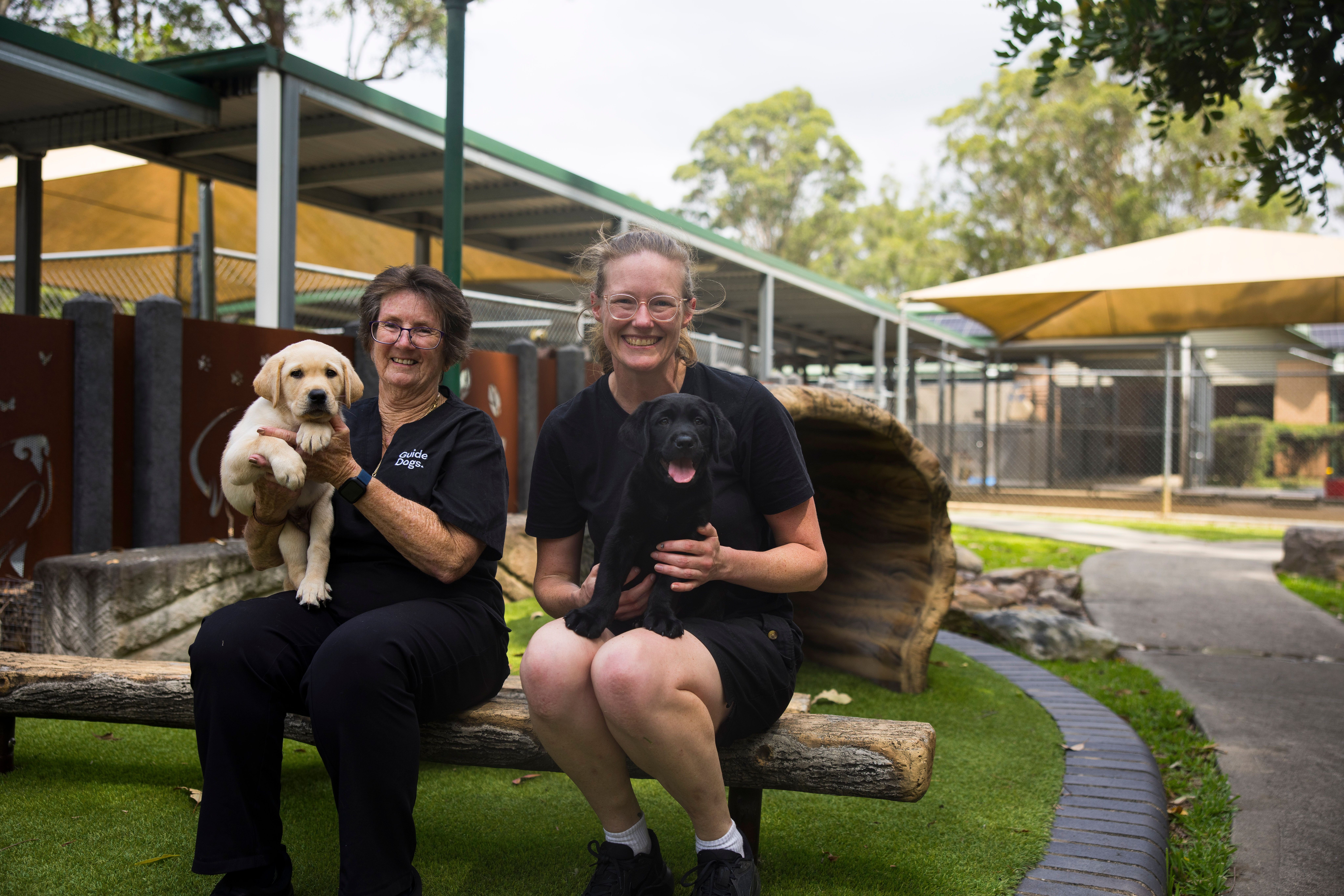 Two volunteers holding puppies. 