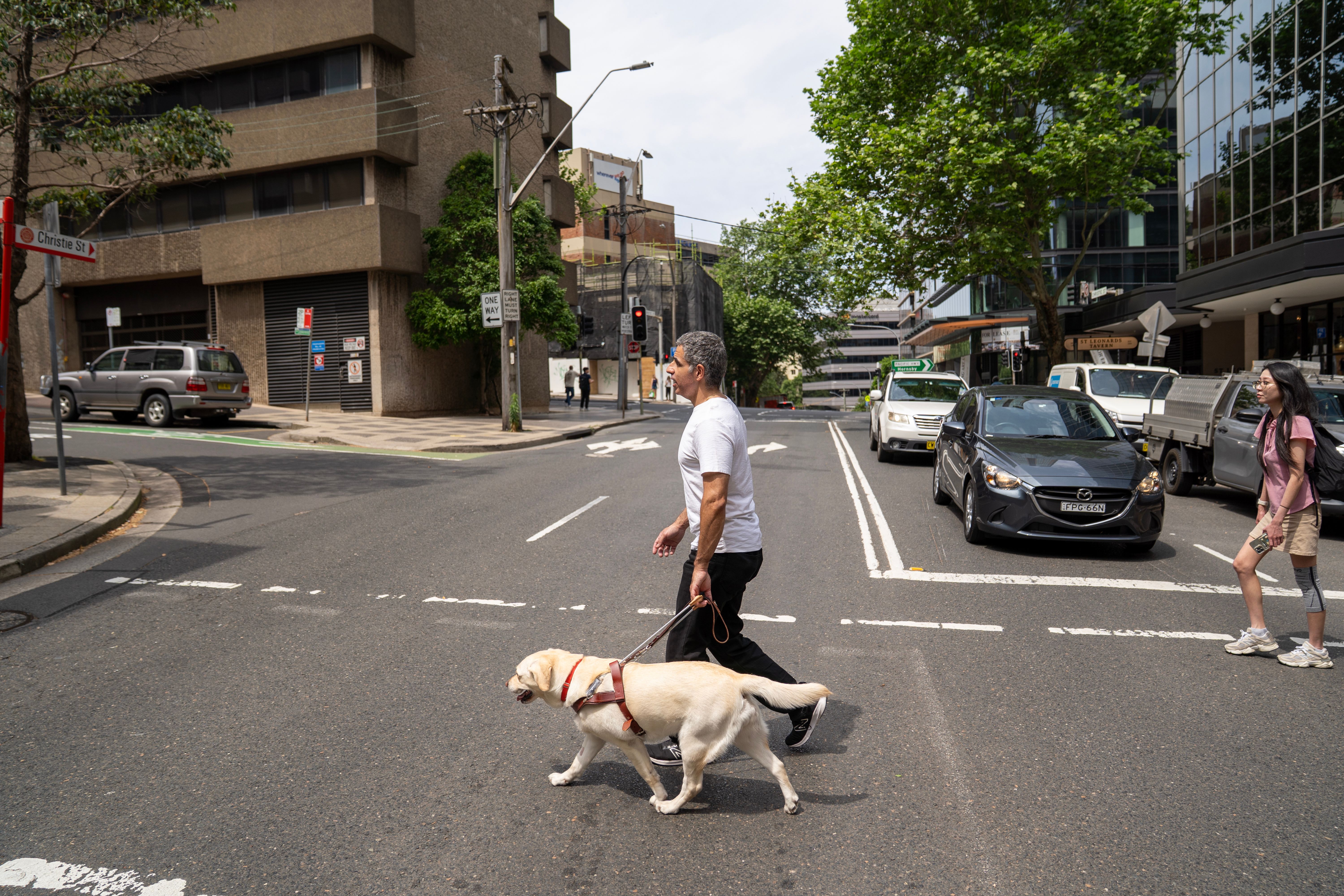 A Handler walking with his Guide Dog across a crossing.