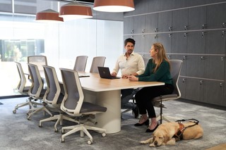 Two people sitting at a desk with a Guide Dog.