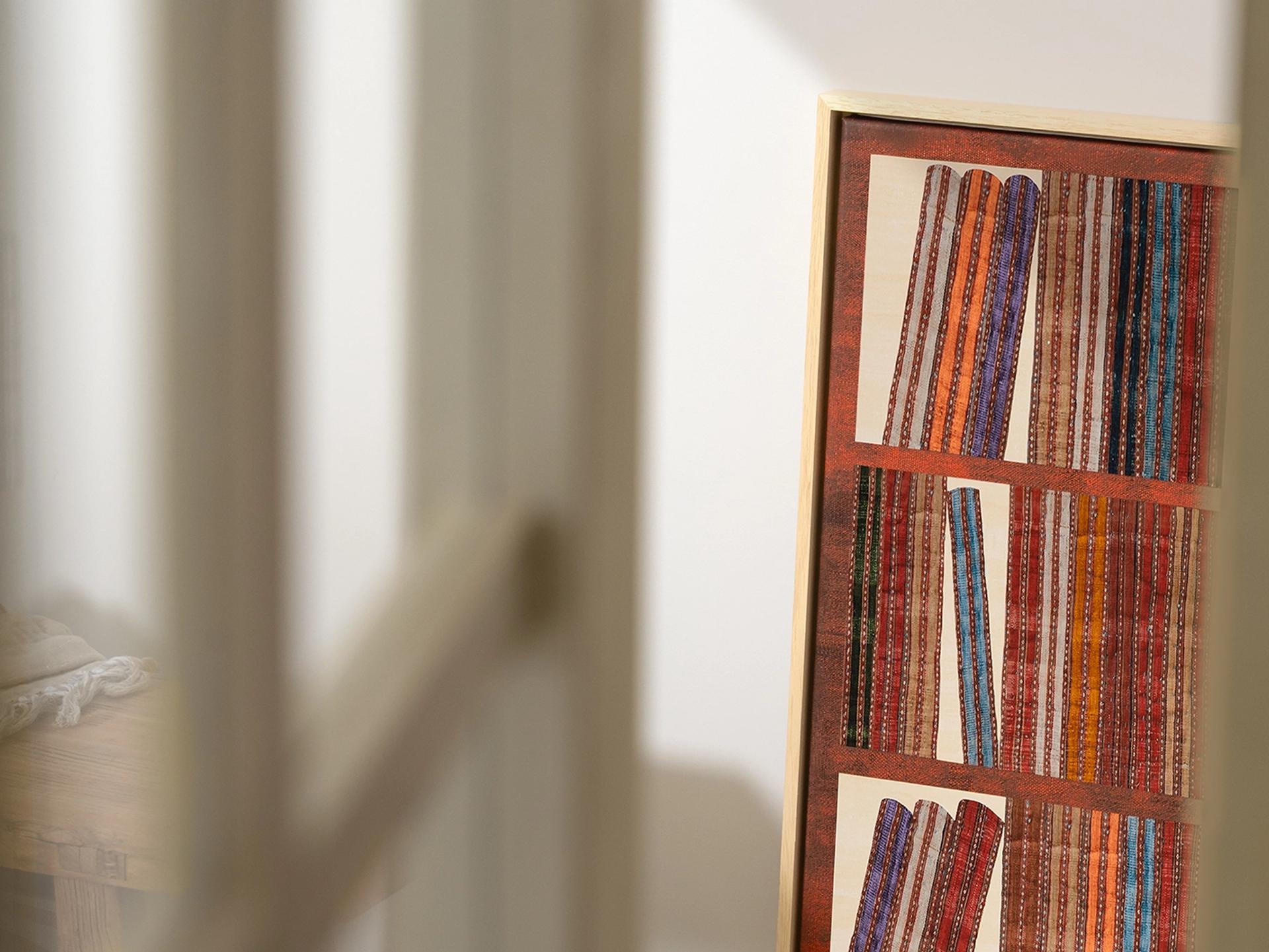 Books canvas in rust, blue and multicolour, shown in a lifestyle right view as image 3