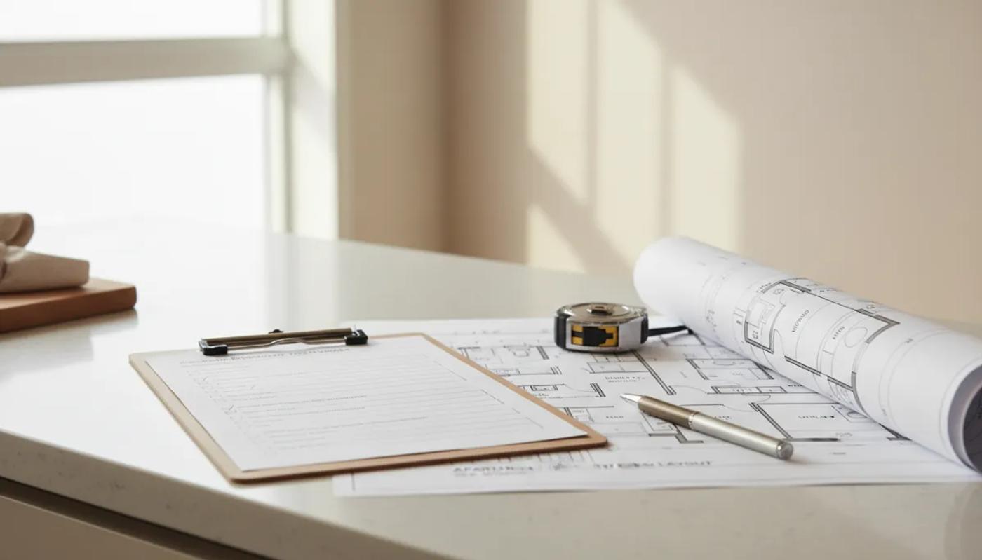 Checklist and floor plans laid out in a new-build London apartment