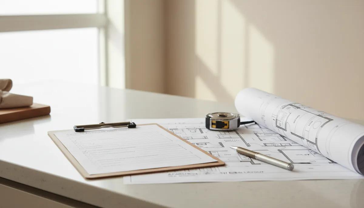 Checklist and floor plans laid out in a new-build London apartment