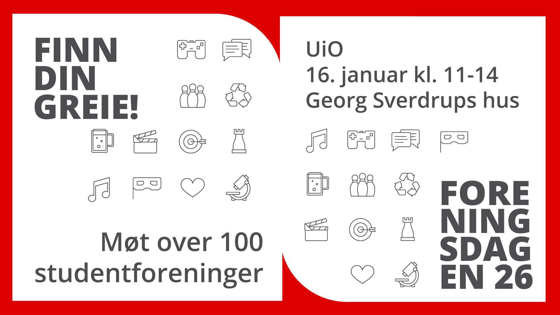 røde rammer, logoer med kaffekopp, dartboard, sjakkbrikker etc