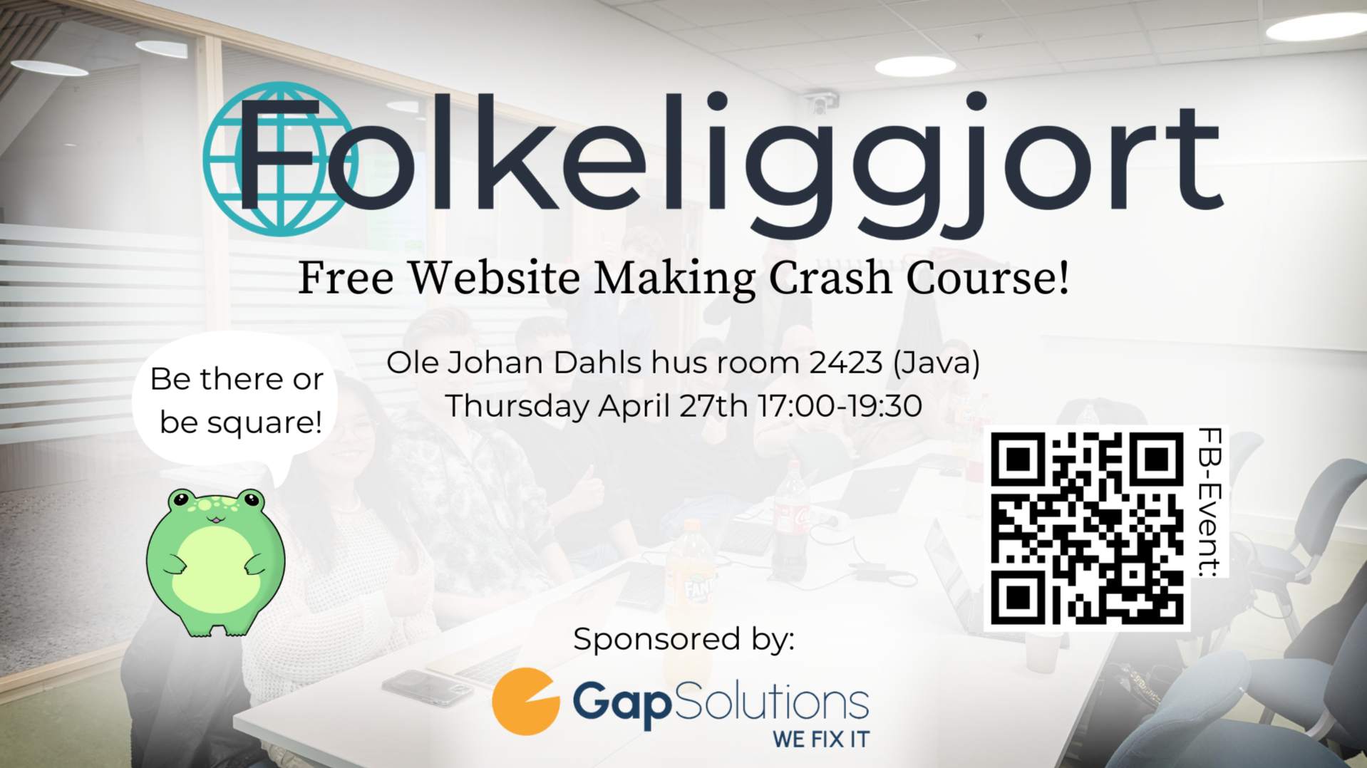 Info about Free Website Making Crash Course by Folkeliggjort. The Folkeliggjort-frog says "Be there or be square!"!