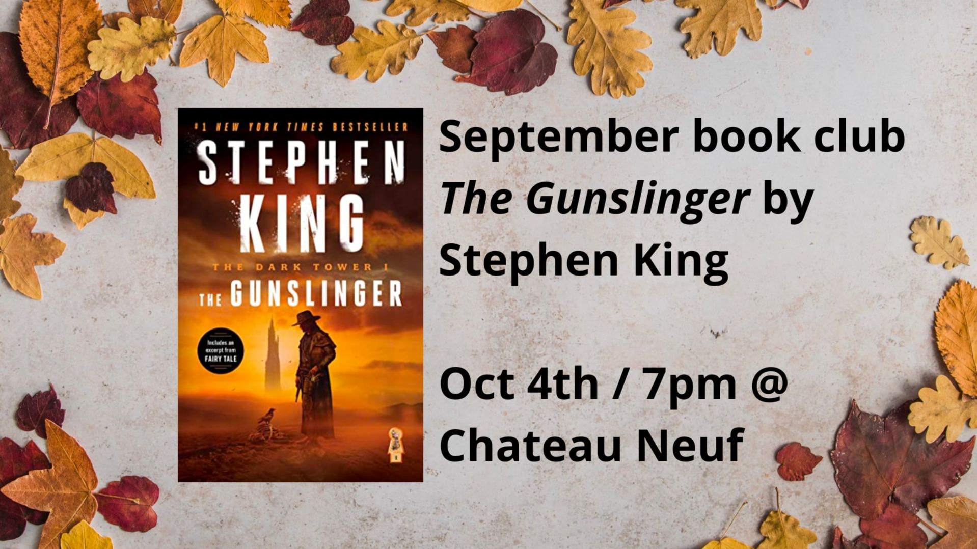 Picture of "The Gunslinger" book cover and info about when and where meeting will take place