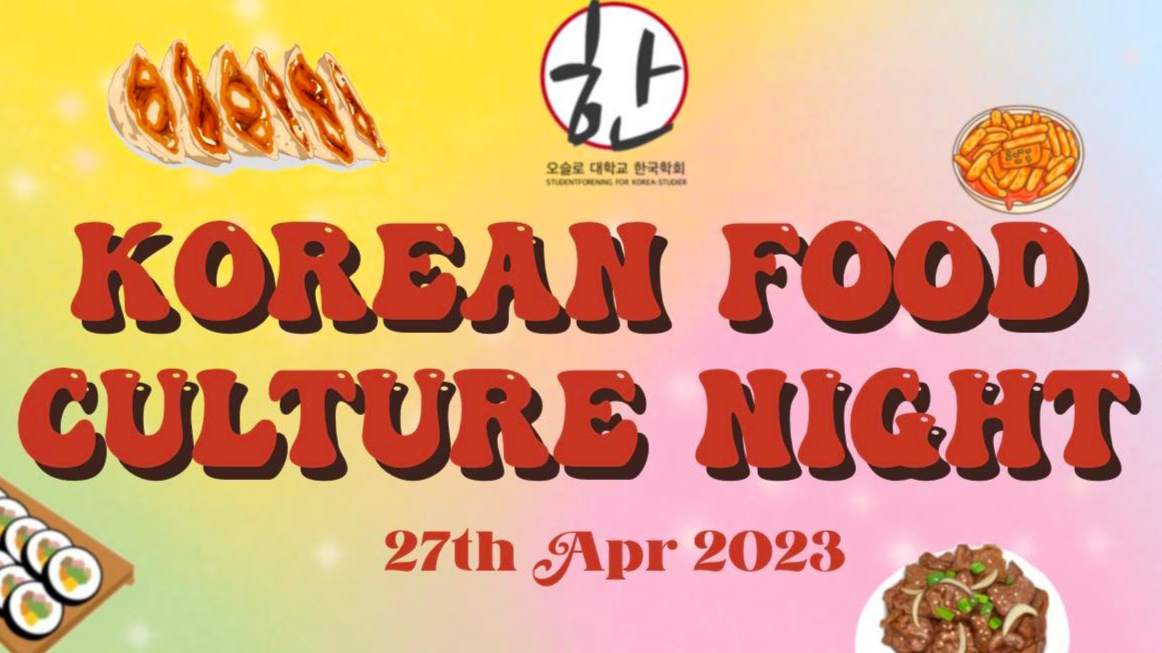 Colorful header with illustrations of Korean food and KSSA's logo, with the text: "Korean Food Culture Night - 27th Apr 2023". 