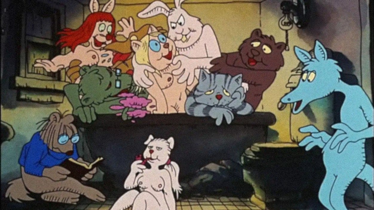 en animert samling av diverse antropomorfiske dyr, nakne på et bad