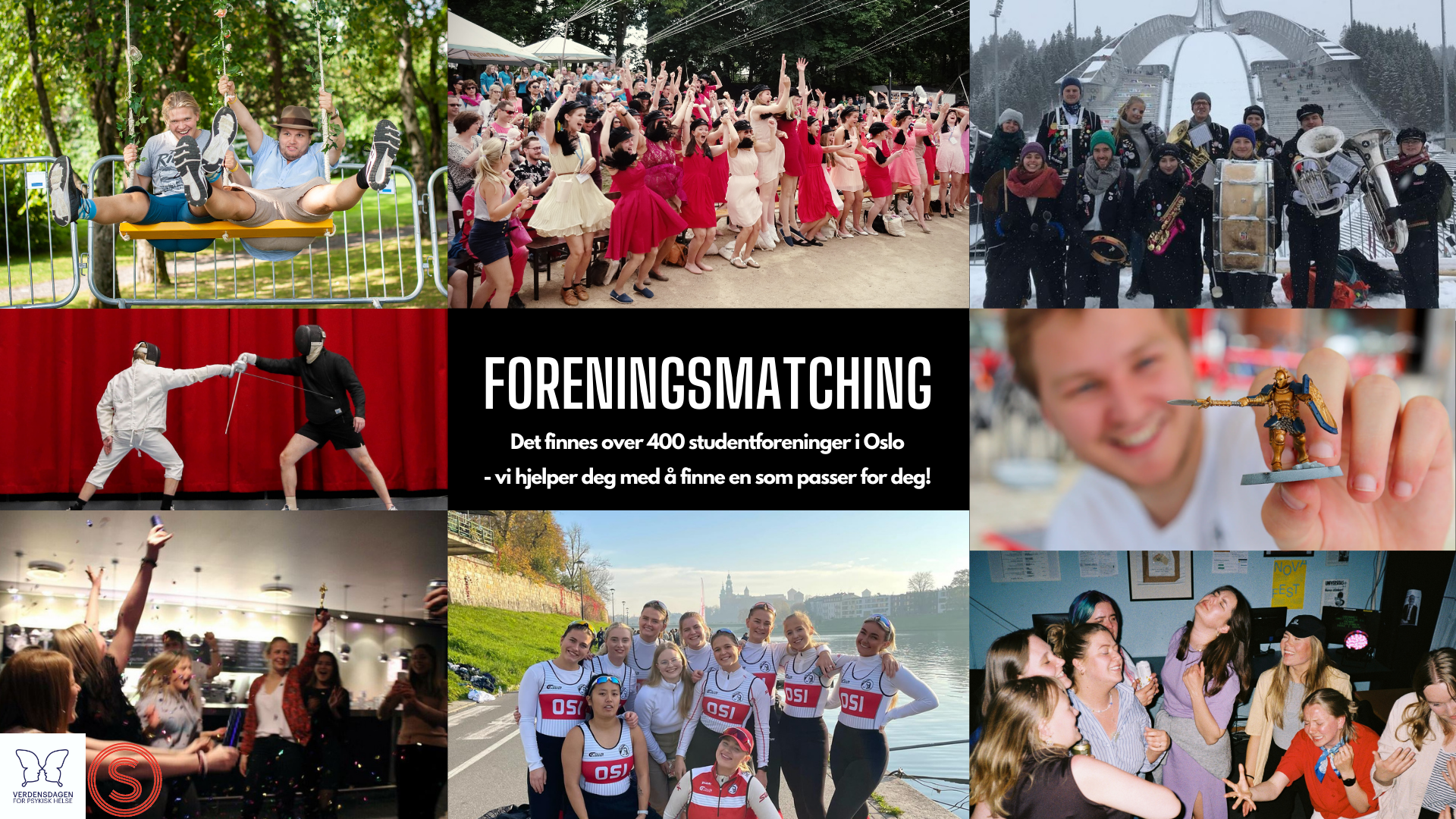 8 ulike foreninger med tekst "Foreningsmatching- det finnes over 400 studentforeninger i oslo, vi hjelper deg med å finne en som passer for deg!