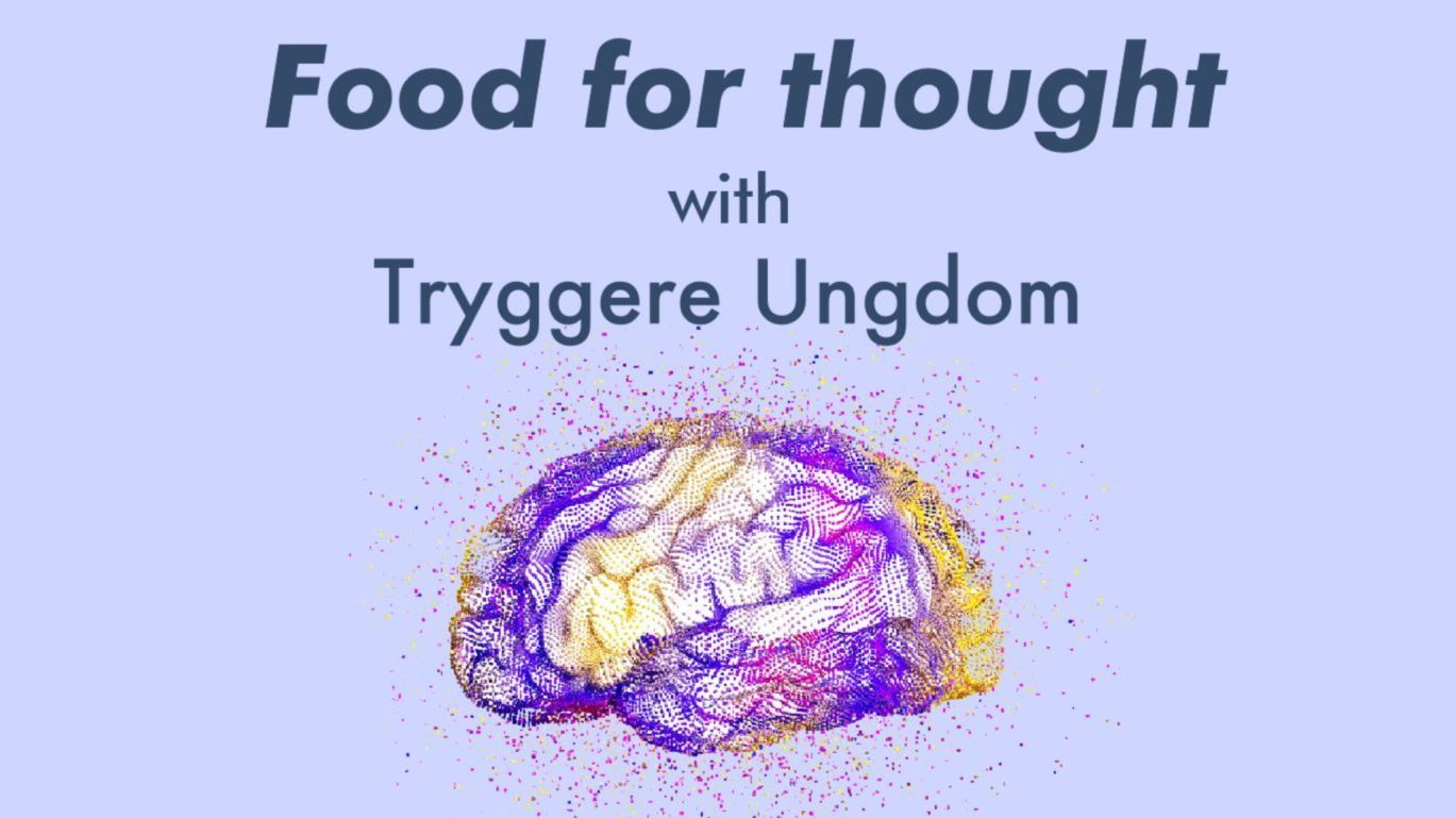 Bilde av en hjerne i mange farger som skal symbolisere "brain connectivity", med teksten "Food for thought with Tryggere ungdom"