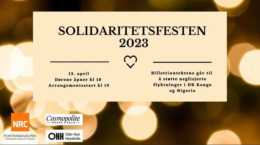 Plakat til arrangementet med overskriften "Solidaritetsfesten 2023" og info om dato og klokkeslett. 