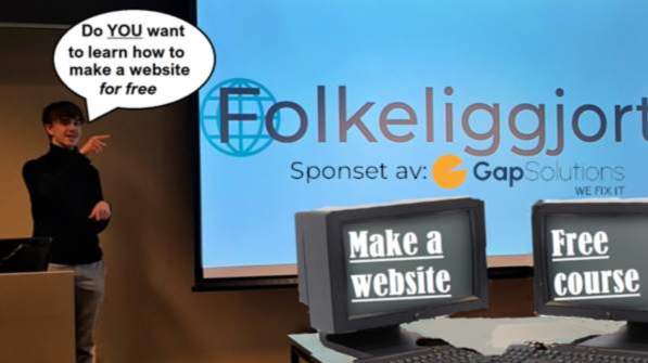 kursholder peker ut i rommet og spør "Do YOU want to learn how to make a website for free?"
