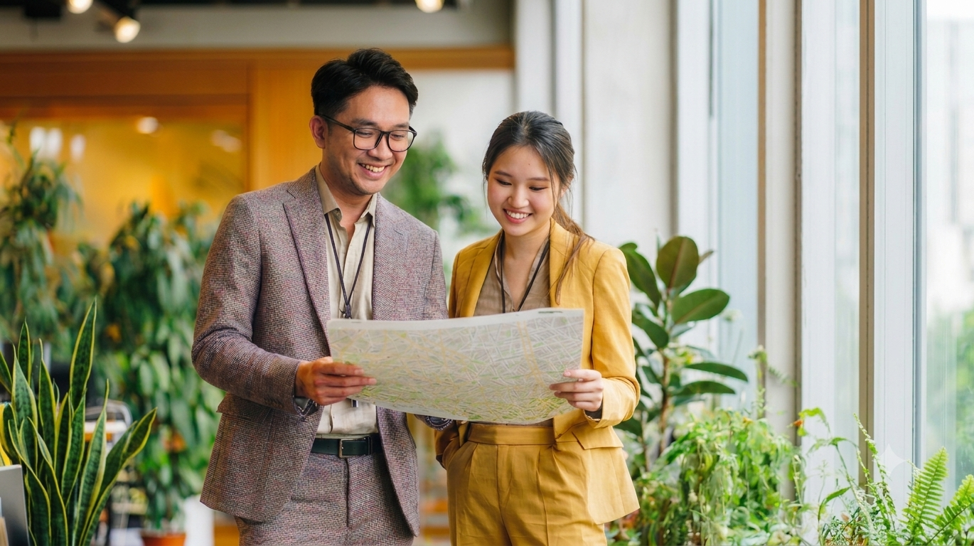 Two business advisers reviewing a market entry plan