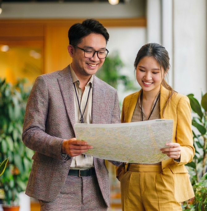 Two business advisers reviewing a market entry plan