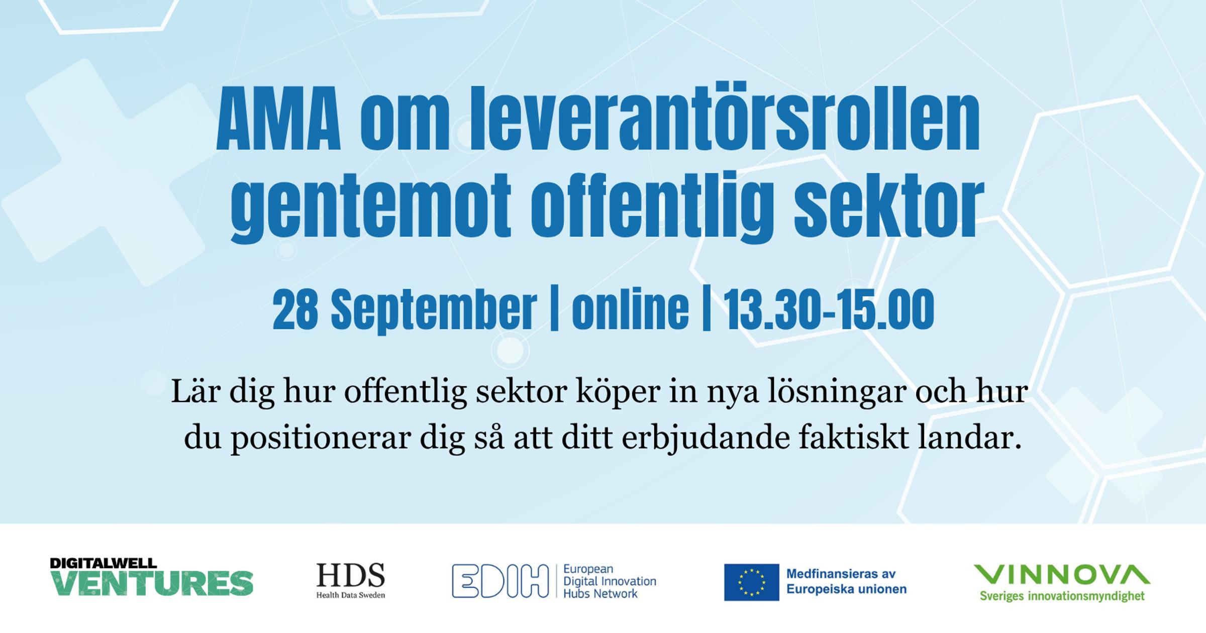 Ljusblå bakgrund med texten: AMA om leverantörsrollen gentemot offentlig sektor