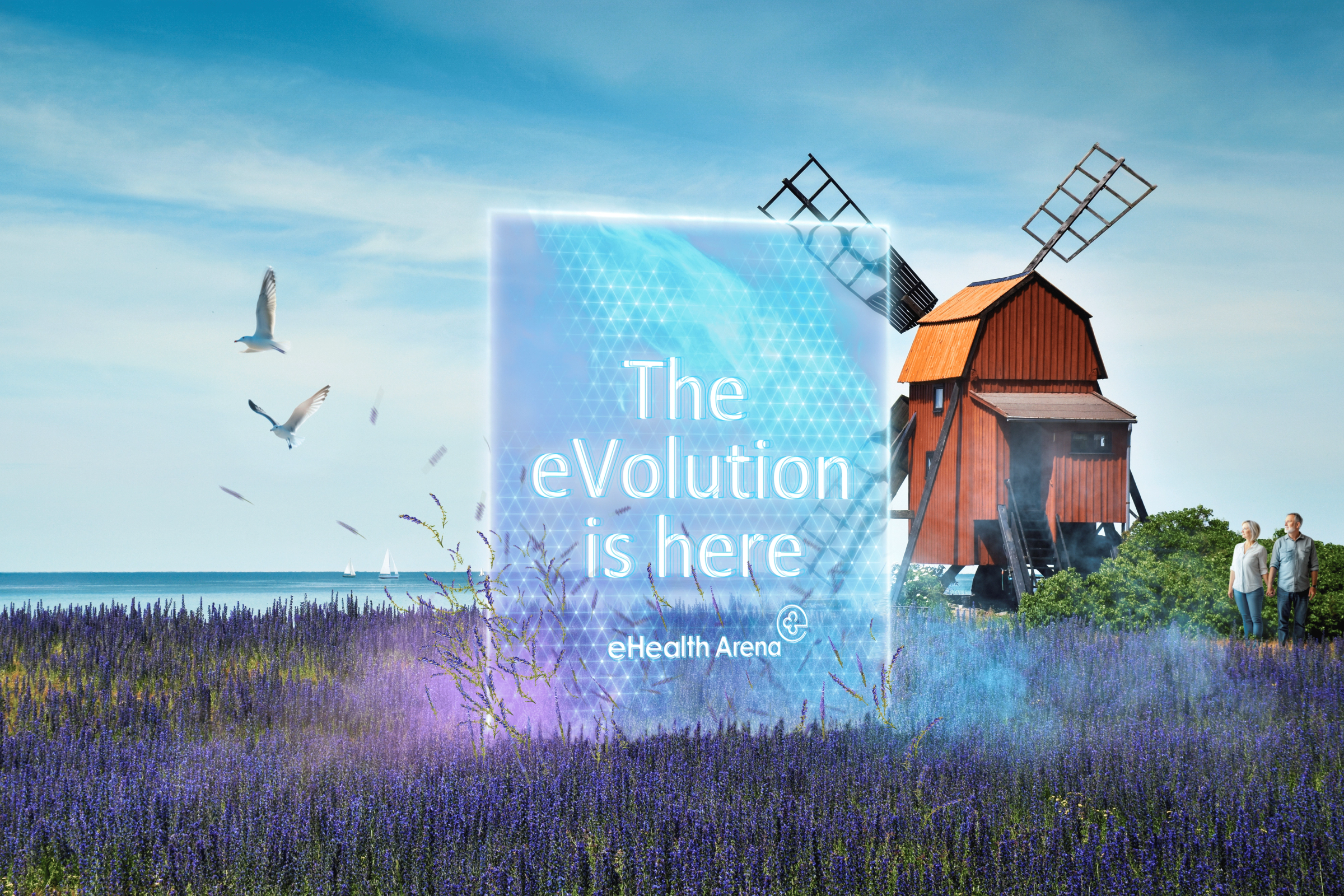 Skylt med texten "The eVolution is here" som har dimpt ner framför en väderkvarn på Öland. 