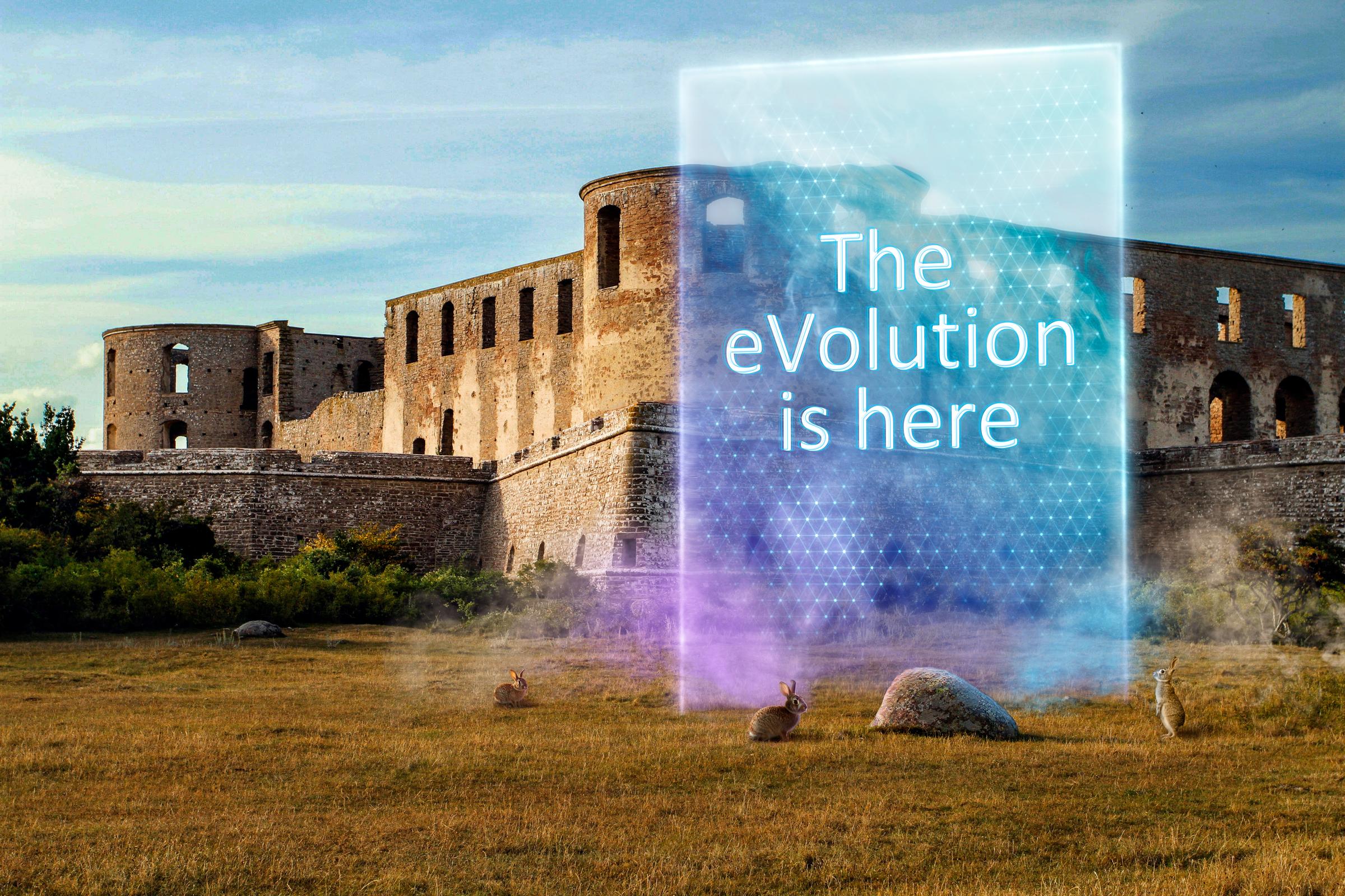 Text med "The eVolution is here" med Borgholms slottsruin i bakgrunden.
