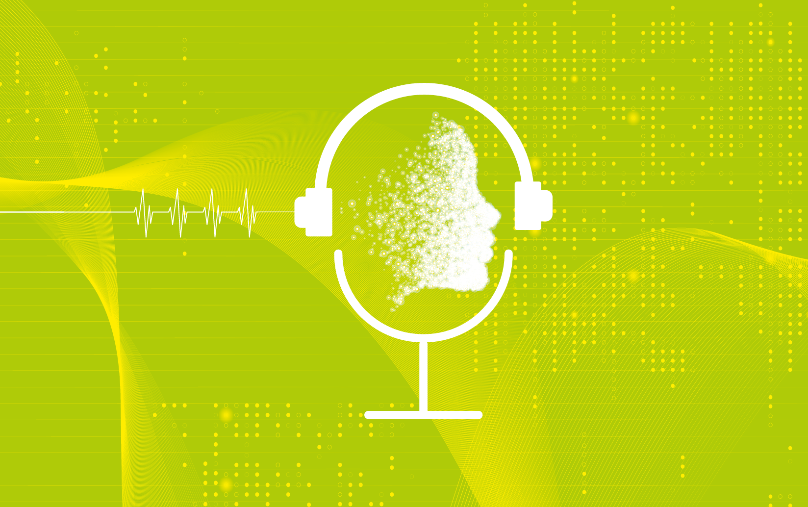 Illustration av ett ansikte i en mikrofon, mot en grön bakgrund