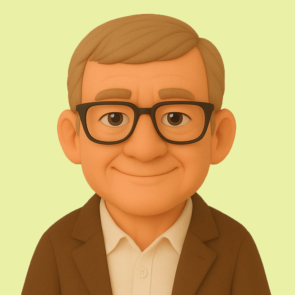3D-stiliserad illustration av en äldre man med brun kavaj, vit skjorta, svarta glasögon och ett milt leende.