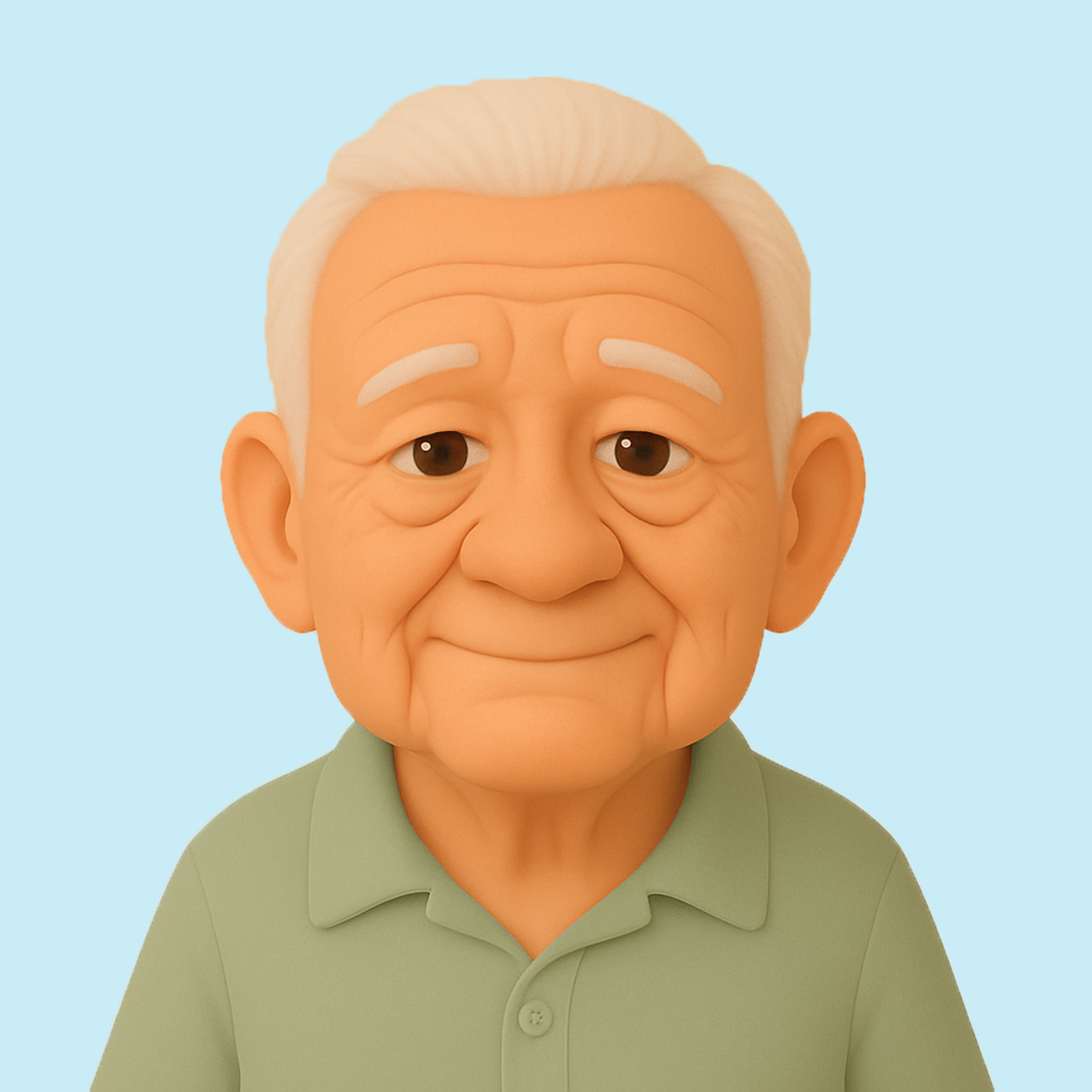 3D-stiliserad illustration av en äldre man med grön skjorta, vitt kort hår.