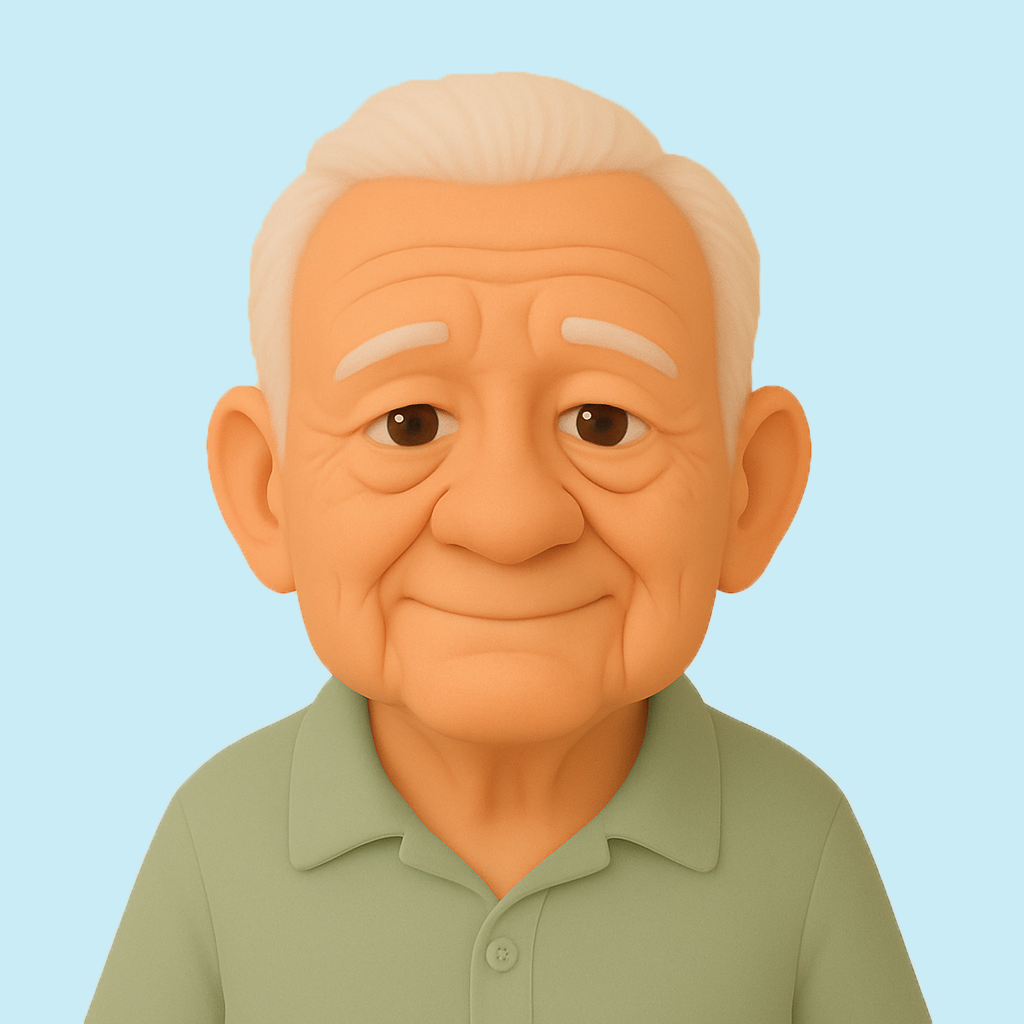 3D-stiliserad illustration av en äldre man med grön skjorta, vitt kort hår.