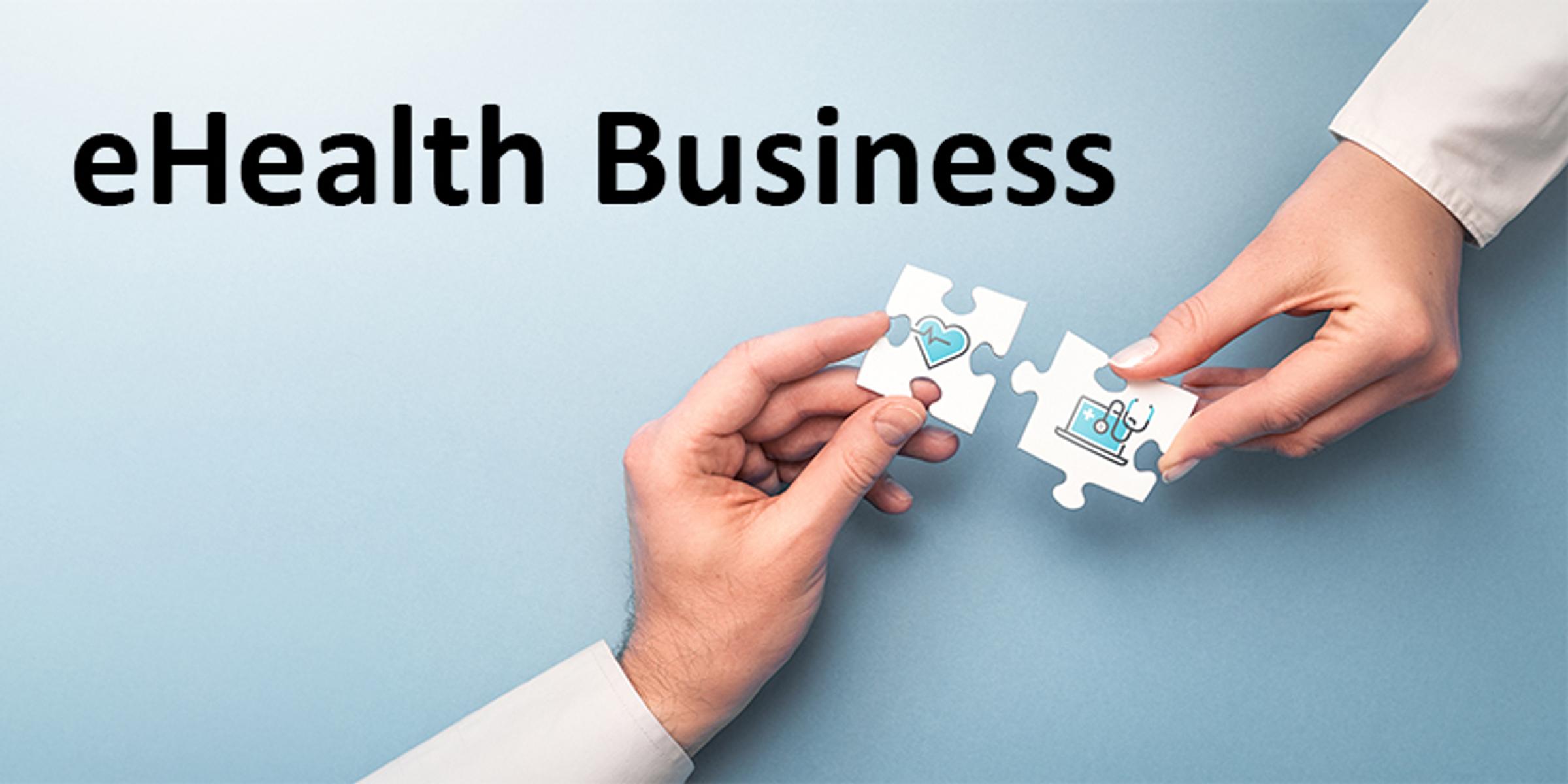 Två händer som håller i pusselbitar med bilder på ett hjärta med EKG-kurva och en dator med ett stetoskop. Överst på bilden står det eHealth Business.