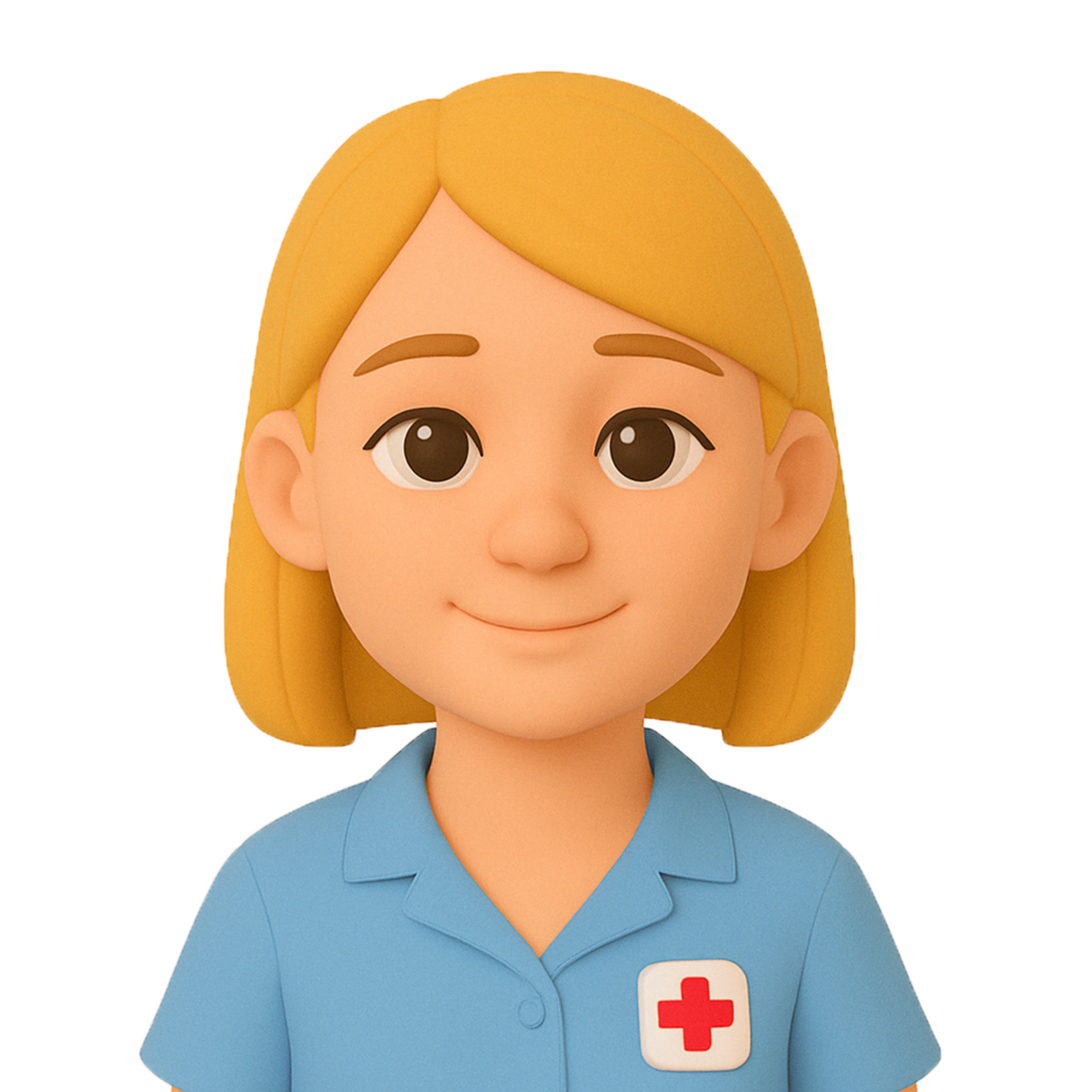 3D-stiliserad illustration av en kvinnlig sjuksköterska. Ljusblå skjorta med en sjukhussymbol, blont halvlångt hår.