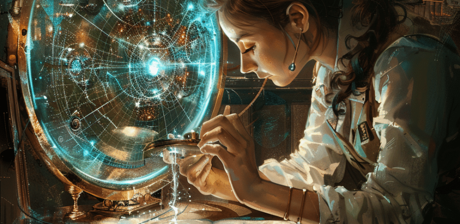 tecknad bild på vetenskapskvinna som letar efter evidens