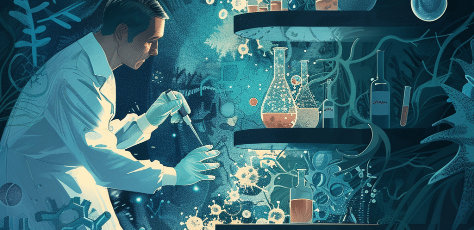 tecknad bild av en vetenskapsman som studerar genetiska material