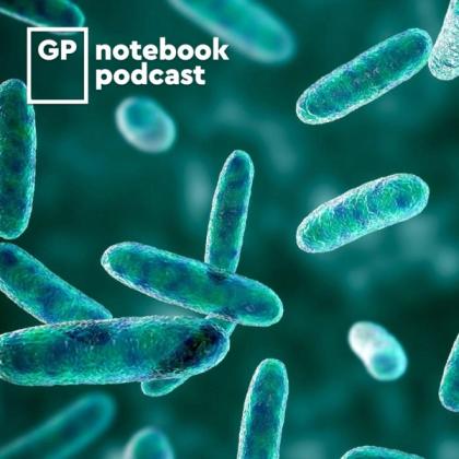 Close-up of glowing green bacteria with the logo and text 'GP notebook podcast' on a dark background.