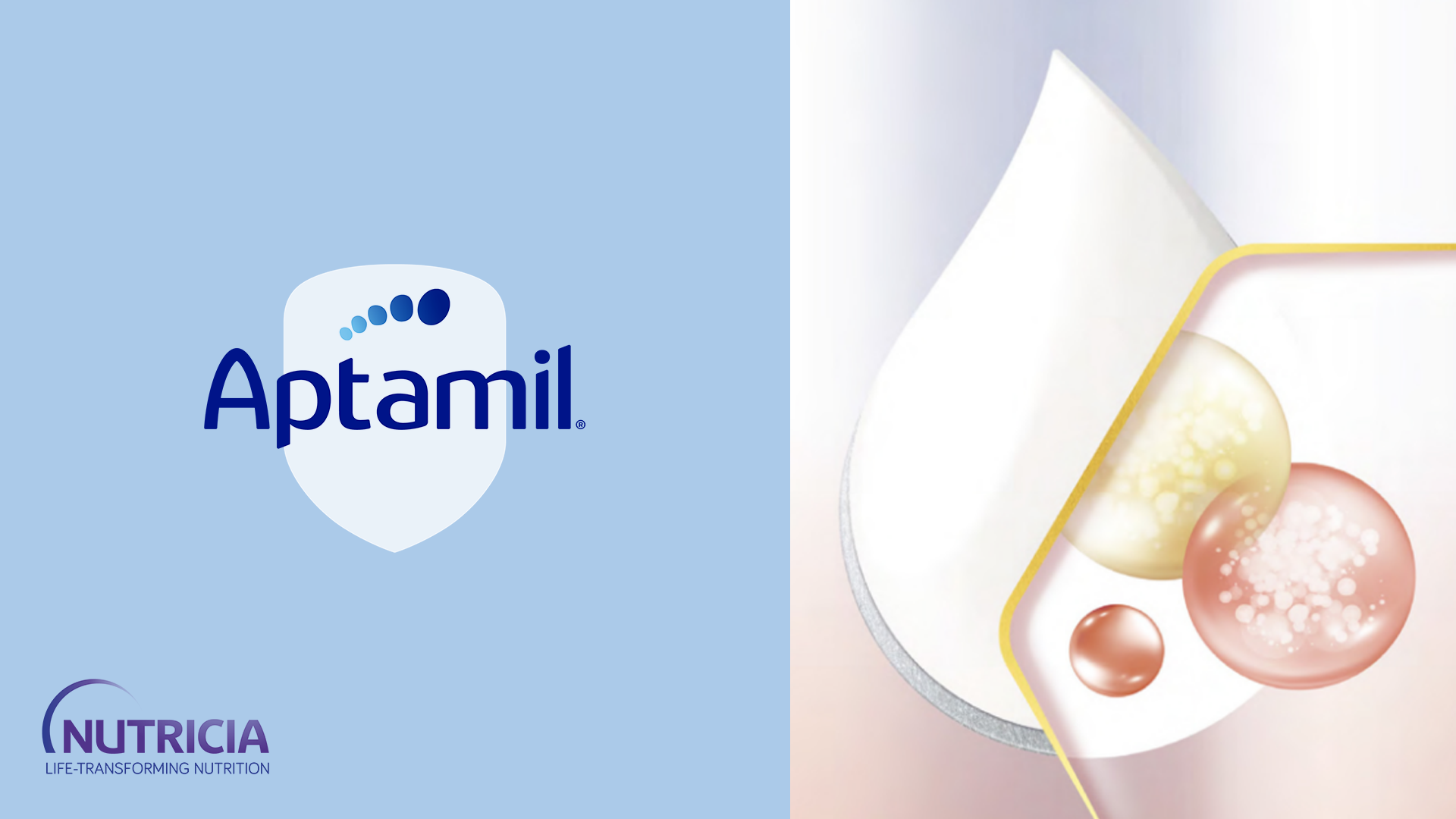 Promotional image for Aptamil infant formula featuring the brand logo and abstract nourishment concept with colorful concentric circles on the right side.