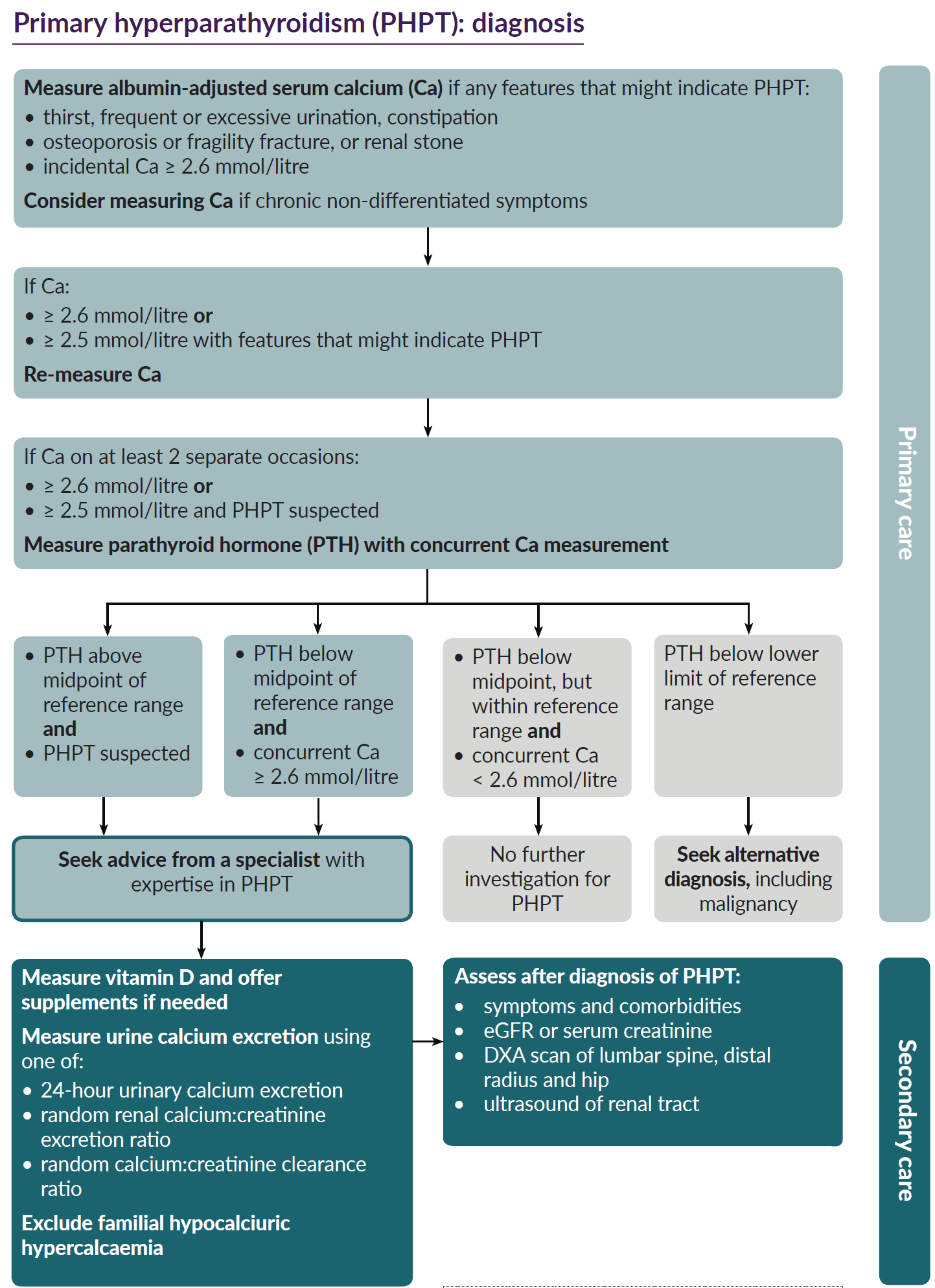 Flowchart depicting the diagnosis process of primary hyperparathyroidism, including initial assessment steps, measurement criteria for serum calcium and parathyroid hormone, and subsequent medical decisions based on test results.