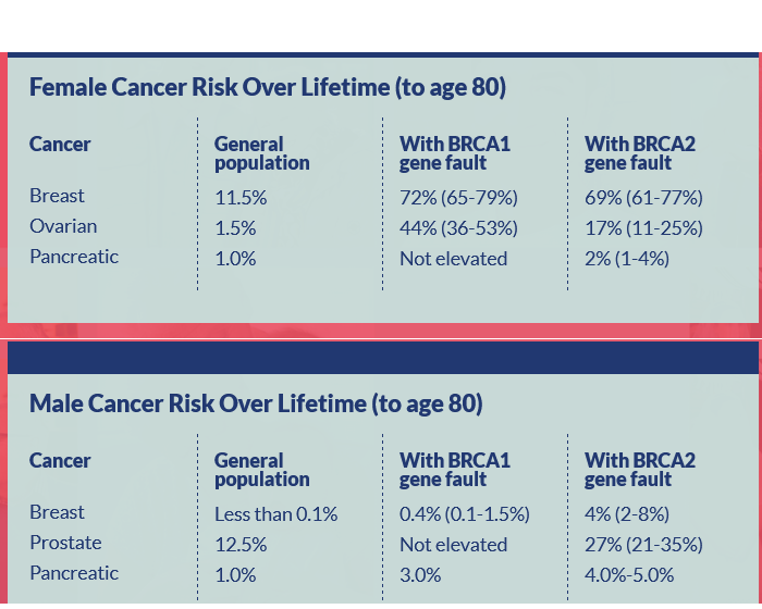Comparative chart showing lifetime cancer risk percentages for breast, ovarian, and pancreatic cancers in general and in cases with BRCA1 and BRCA2 gene faults for both men and women.
