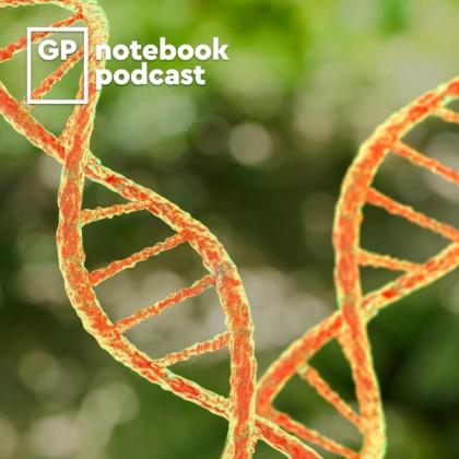 Close-up of a stylized DNA strand with GP Notebook Podcast logo overlay, set against a blurred green background.