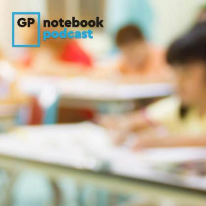 Blurred image of a classroom setting with students, featuring the logo and text 'GP notebook podcast' in the foreground.