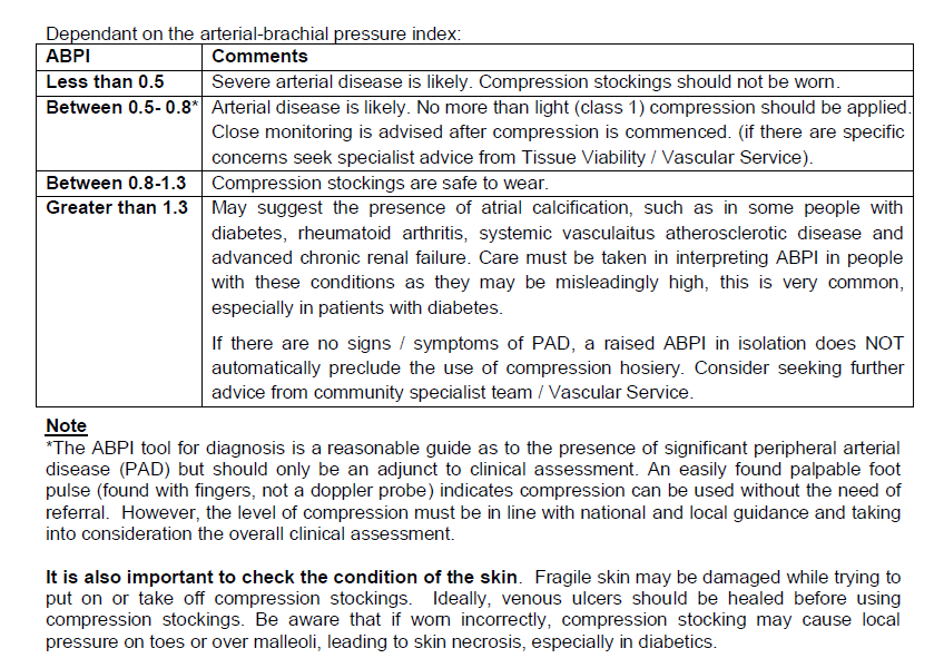 Table explaining ankle-brachial pressure index (ABPI) ranges and their implications for arterial disease and compression stocking advisories, including additional notes on the use of ABPI tools and skin condition checks.