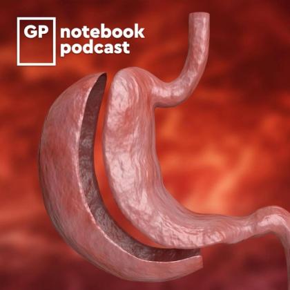 3D illustration of a stylized human stomach with GP Notebook Podcast logo against a red backdrop