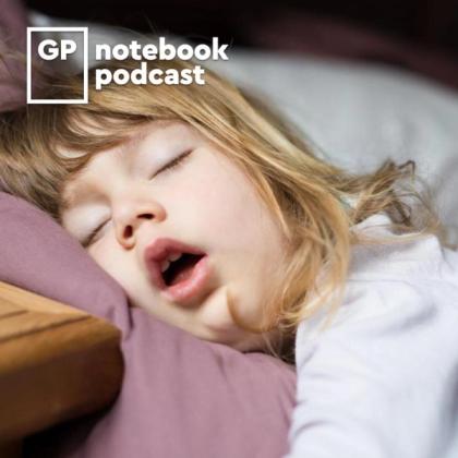 Young child sleeping peacefully with mouth open, lying on purple bedding, with a 'GP notebook podcast' overlay in the corner.