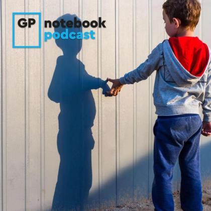 Young boy in a hoodie shaking hands with his shadow on a corrugated metal wall, with the logo and text 'GP notebook podcast' overlaying the image.