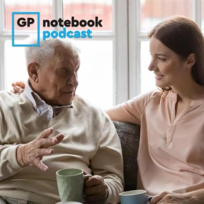 Elderly man conversing with a young woman over coffee in a cozy room, with the 'GP notebook podcast' logo at the top left corner.