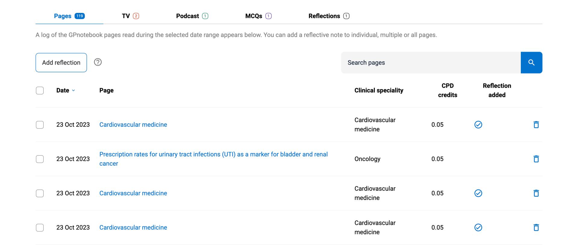 Screenshot of a digital log displaying medical education pages with fields for date, page title, clinical specialty, CPD credits, and reflections added.